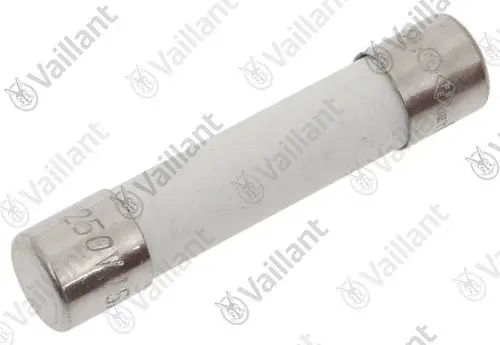 Vaillant Sicherung in zylindrischer Form mit metallischen Enden. Weißer Körper, möglicherweise Bestandteil eines Heizsystems.